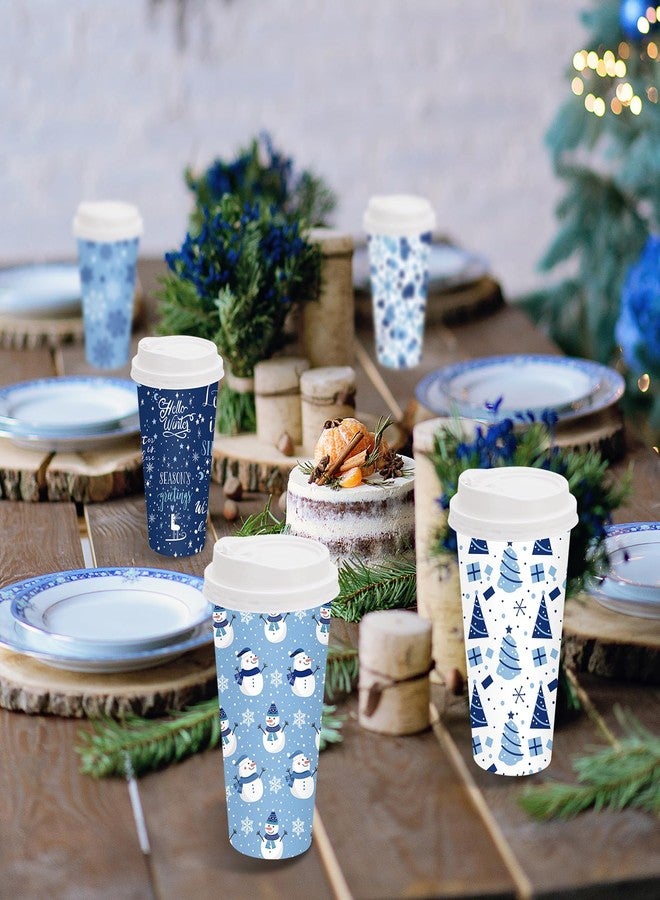 JarThenaAMCS 60Pcs Christmas Coffee Cups with Lids 16oz Blue Snowflake Xmas Tree Snowman Paper Cups Winter Disposable To Go Coffee Cup for Cafes Shops Cappuccino Chocolate Beverage Cocoa - Image 5